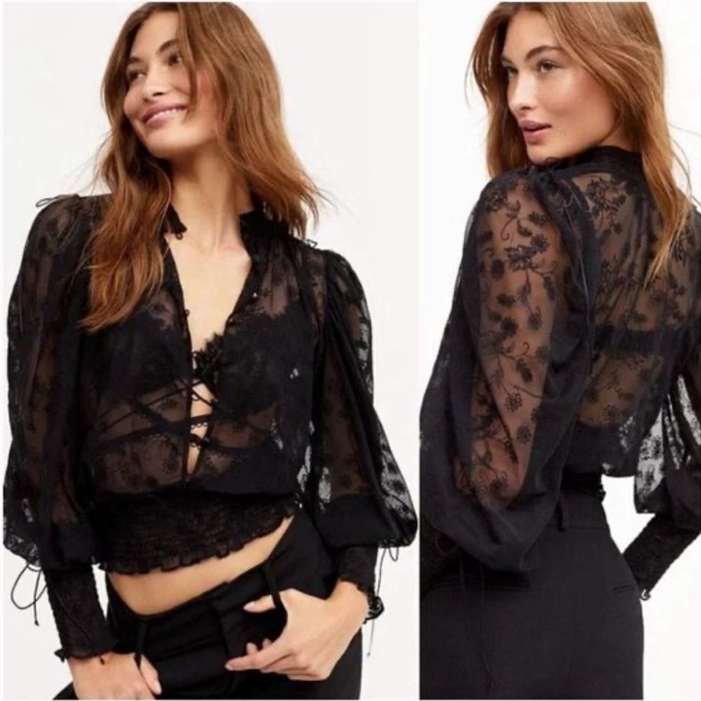 For Love And Lemons Sheer Lace Tie-Front Black Women's Top